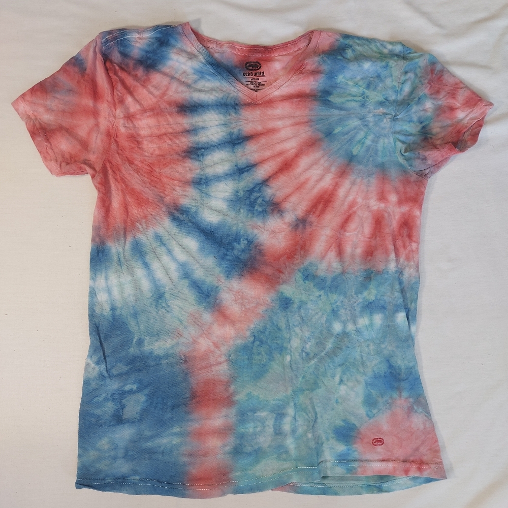 Ecko Unltd Pink Blue Tie Dye Short Sleeve V Neck T-Shirt, Medium
